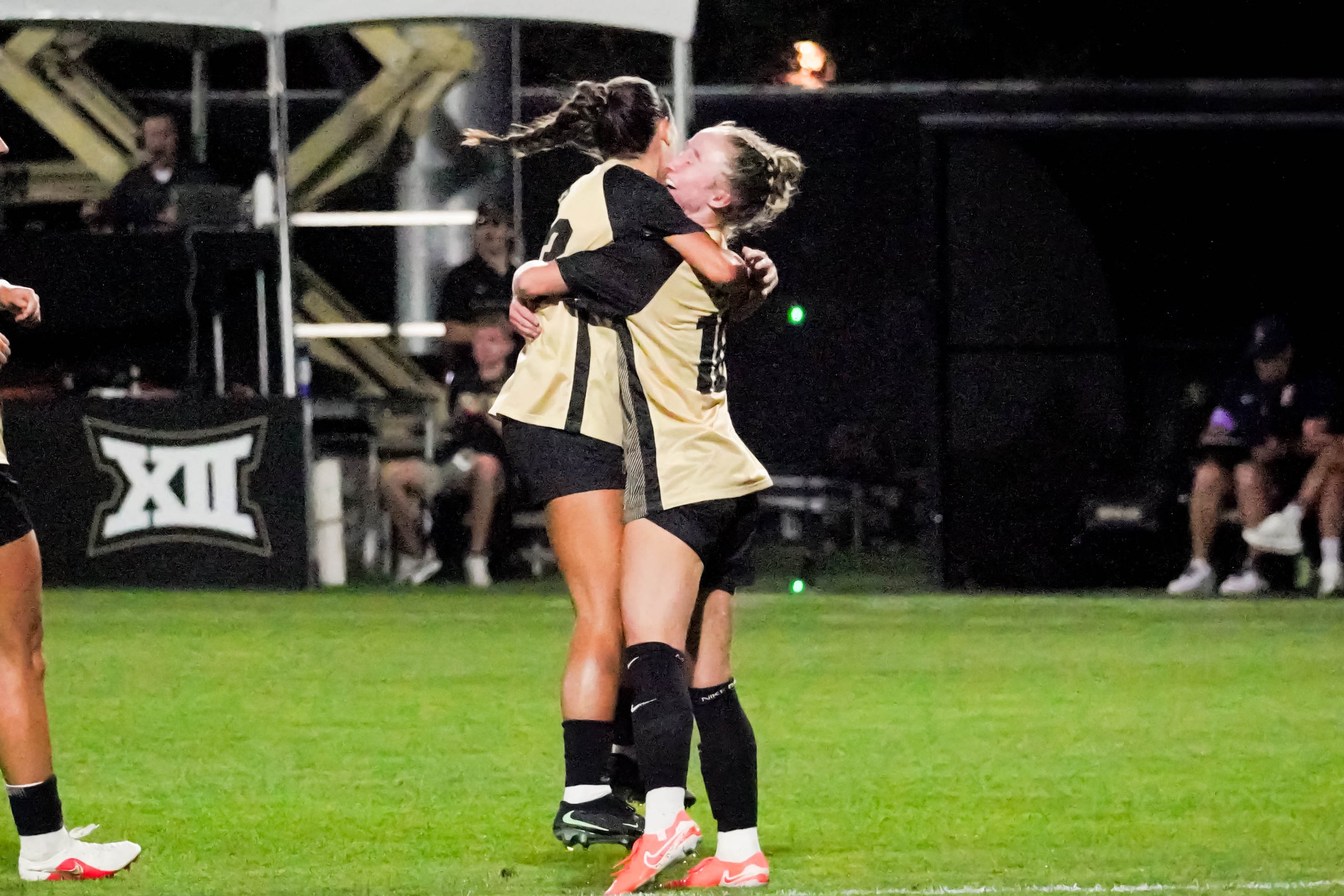 Colorado celebrates Reagan Kotschau's goal in the 53rd minute at Prentup Field on Thursday. It held up as the winner in a 3-2 result that moved the Buffs to 3-0. (Sam Ackerman / FRSN)
