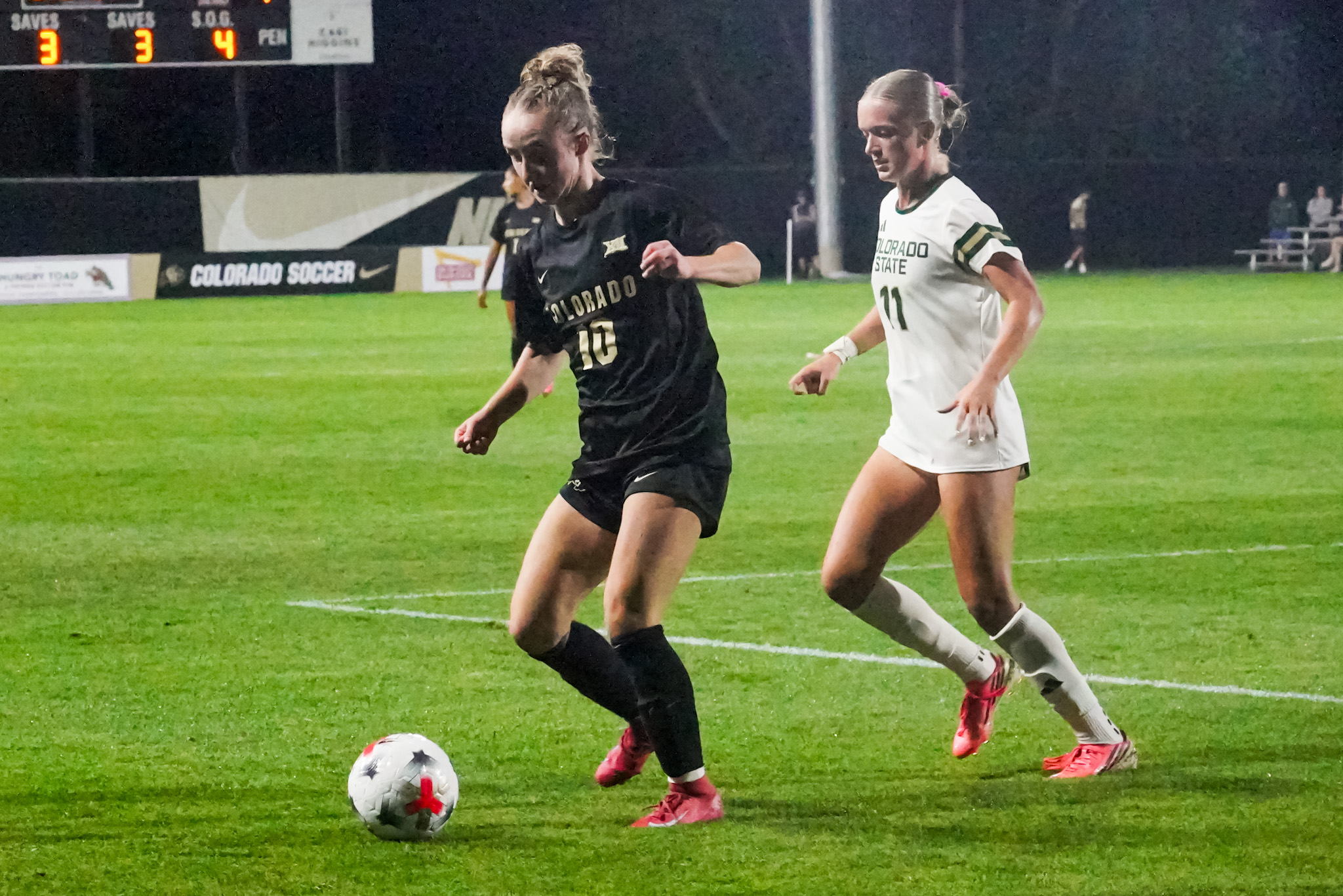 Michaela McGowan handles the ball during the waning moments of CU's 2-1 opening night win vs CSU.
